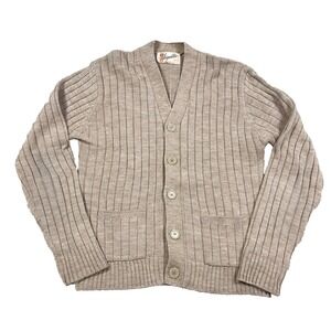Vintage Sigallo Cardigan Sweater Men Large Tan Button Up 70s Grandpa Rib Acrylic